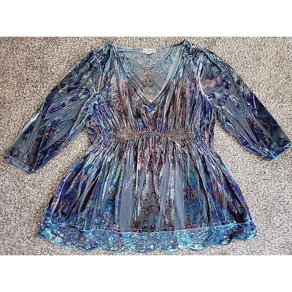 Live and Let Live Top Sz 2X Multicolor Velour Boho Lace Hem  3/4 Sleeve V-Neck - Picture 2 of 10